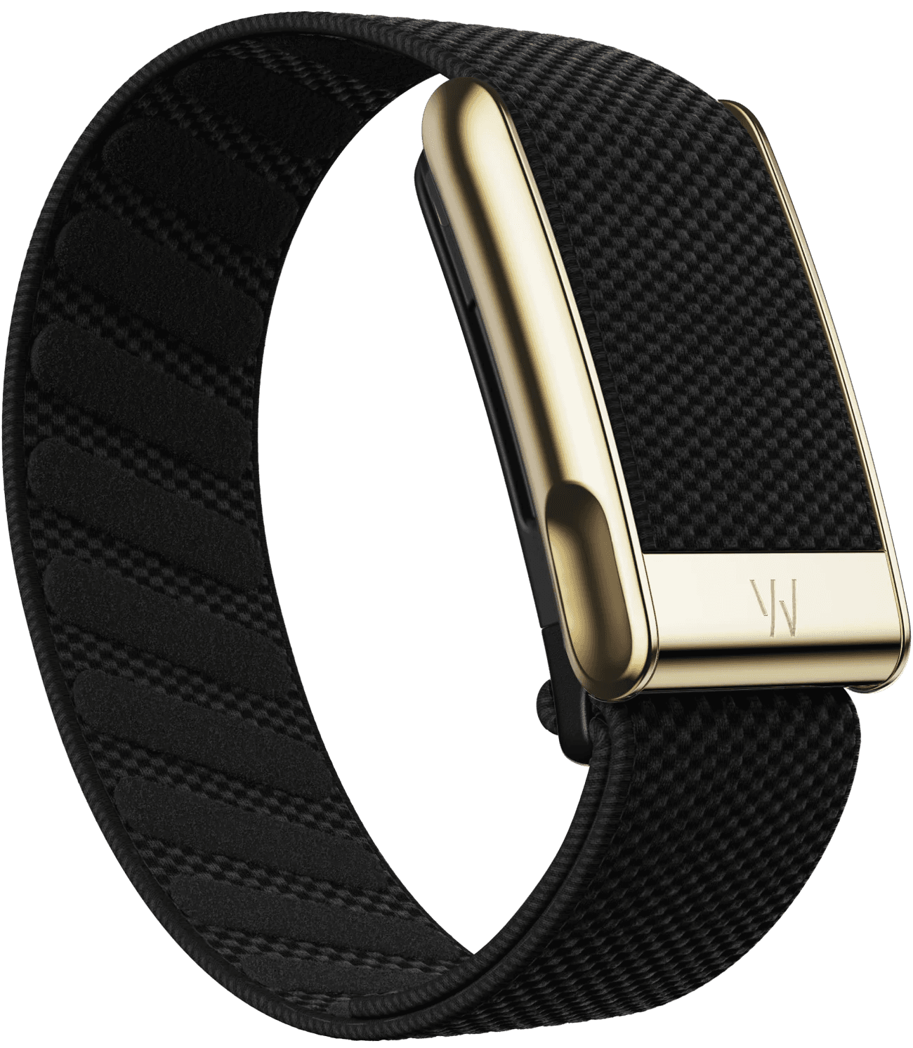 WHOOP 5.0 MG with a black SuperKnit band and gold sensor housing